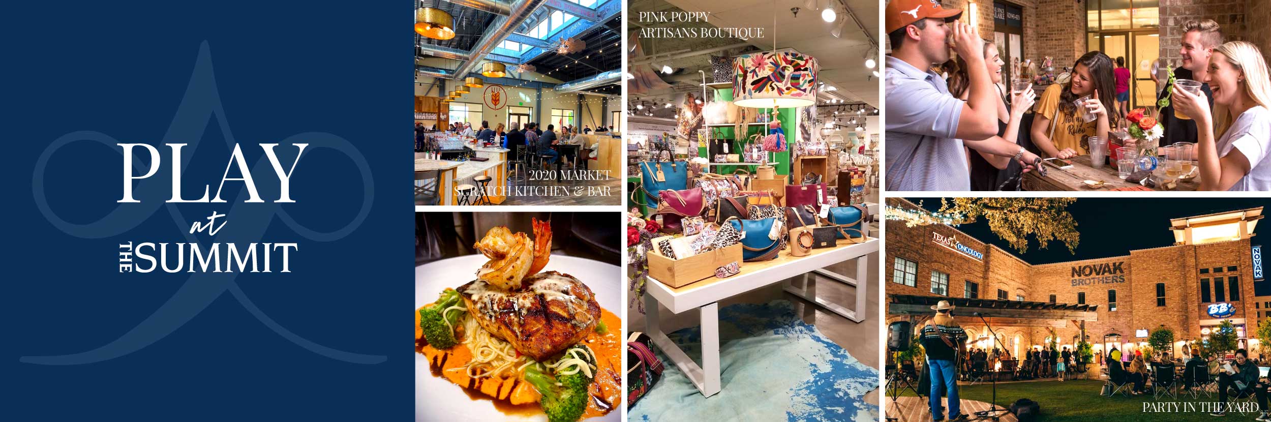 Dining Drinks Patios Restaurants at The Summit at Rivery Park 2020 Market Scratch Kitchen & Bar, Pink Poppy Boutique Shopping