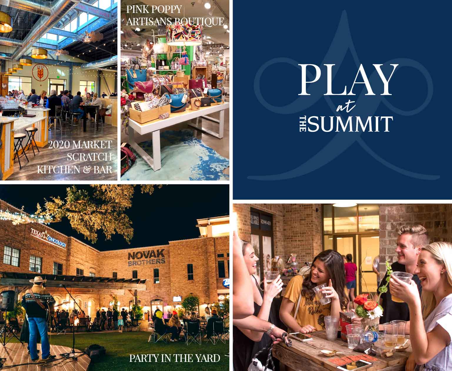Dining Drinks Patios Restaurants at The Summit at Rivery Park 2020 Market Scratch Kitchen & Bar, Pink Poppy Boutique Shopping